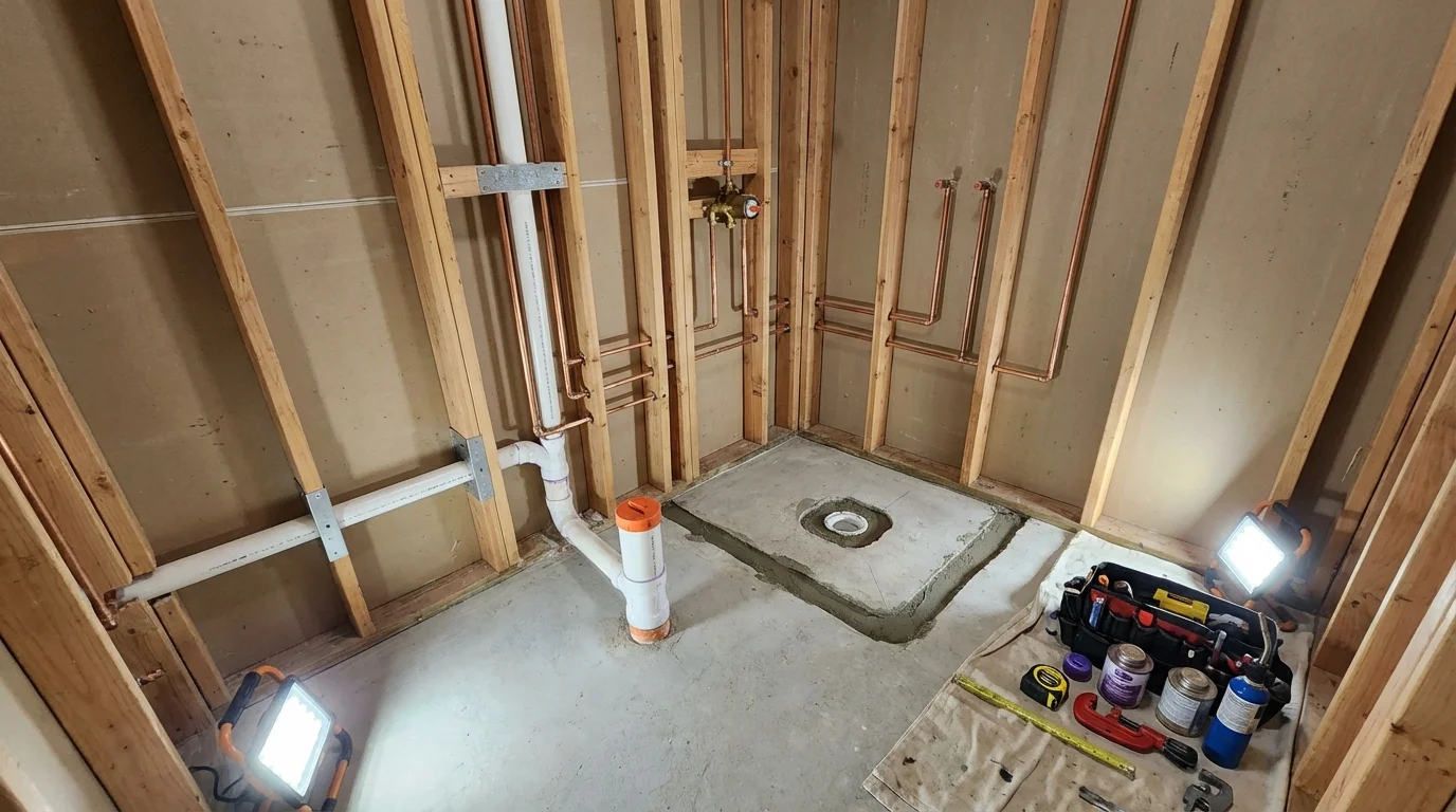 Bathroom rough-in plumbing during remodel by Johns Plumbing LLC in Elberta