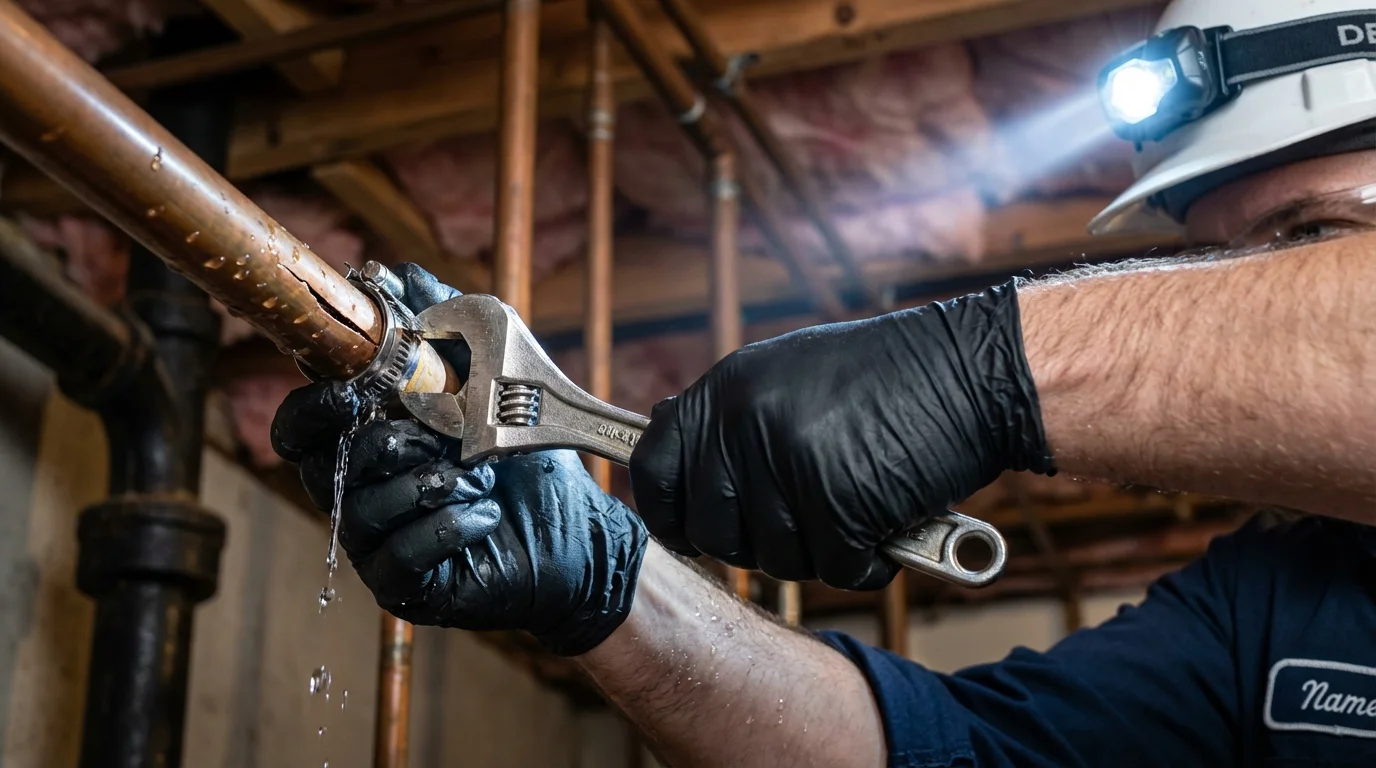 Emergency pipe clamp repair being performed by a Johns Plumbing LLC plumber in Elberta