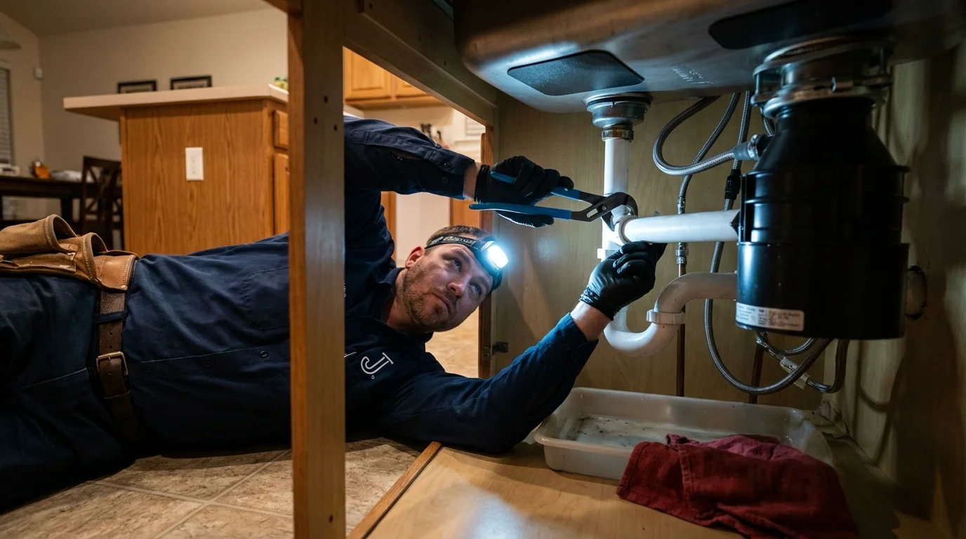 P-trap and supply line connections under a kitchen sink showing a common leak point in Elberta, AL